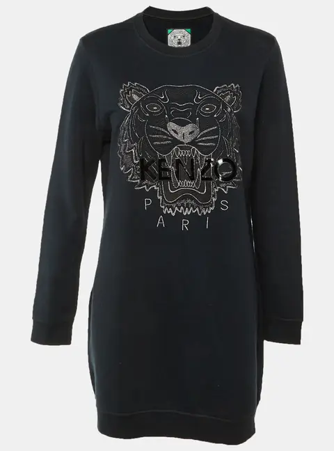 Kenzo Black Tiger Embroidered Cotton Knit Dress L