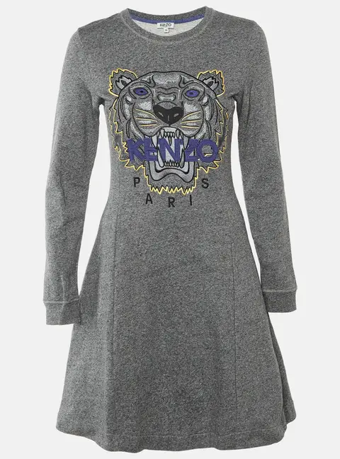 Kenzo Grey Tiger Embroidered Cotton Knit Mini Dress M