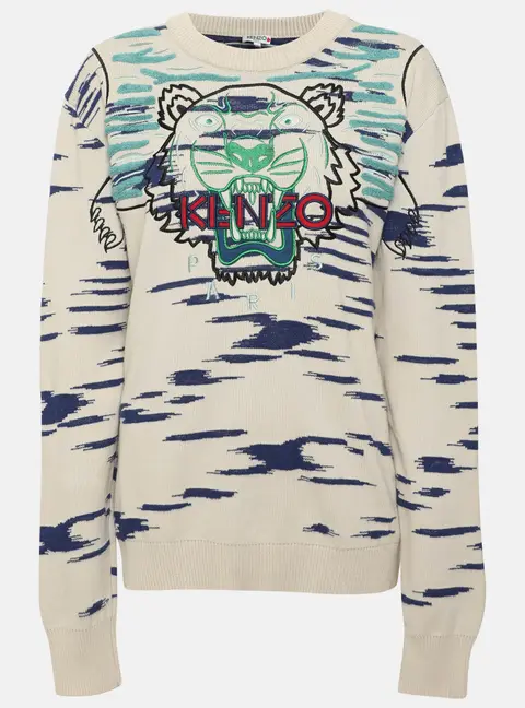 Kenzo Multicolor Rib Knit Claw Tiger Crew Neck Sweater O/S