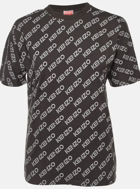 Kenzo Grey All Over Logo Print Cotton Crew Neck T-Shirt XS