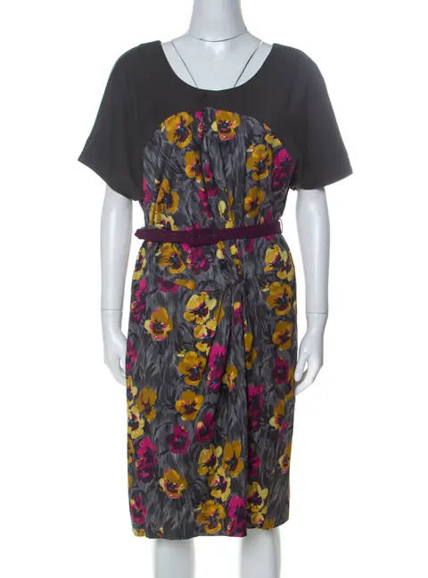 Kenzo Grey Floral Brushstroke Print Stretch Cotton Belted Dress M