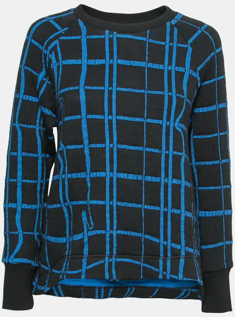 Kenzo Blue and Black Checkered Printed Knit Long Sleeve Crew Neck Sweater L