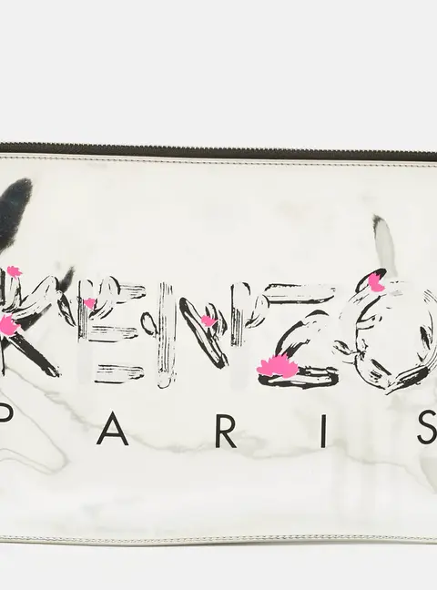 Kenzo Silver Patent Leather Logo Printed Zip Pouch