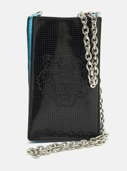 Kenzo Black/Blue Patent and Leather Tiger Embossed Phone Crossbody Bag