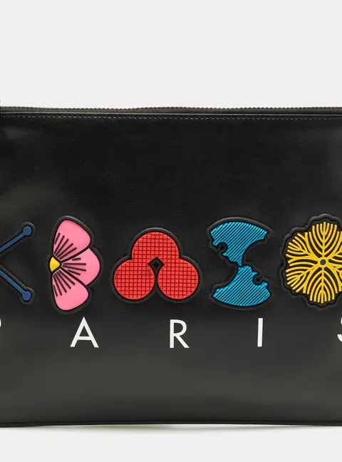 Kenzo Logo Patch Black Leather Zip Flat Pouch