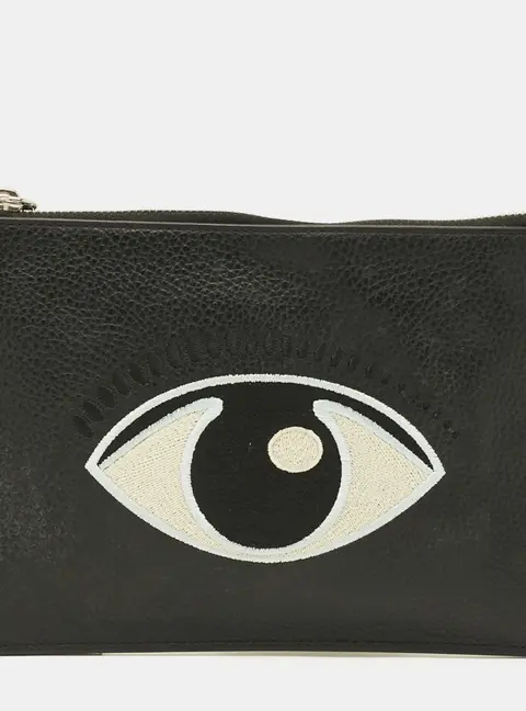 Kenzo Eye Embroidered Black Leather Pouch