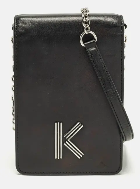 Kenzo K Logo Black Leather Phone Crossbody Bag