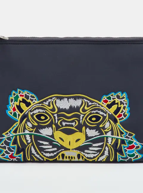 Kenzo Grey Embroidered Tiger Neoprene Flat Zip Pouch
