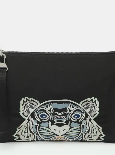 Kenzo Black Nylon Tiger Embroidered Wristlet Clutch