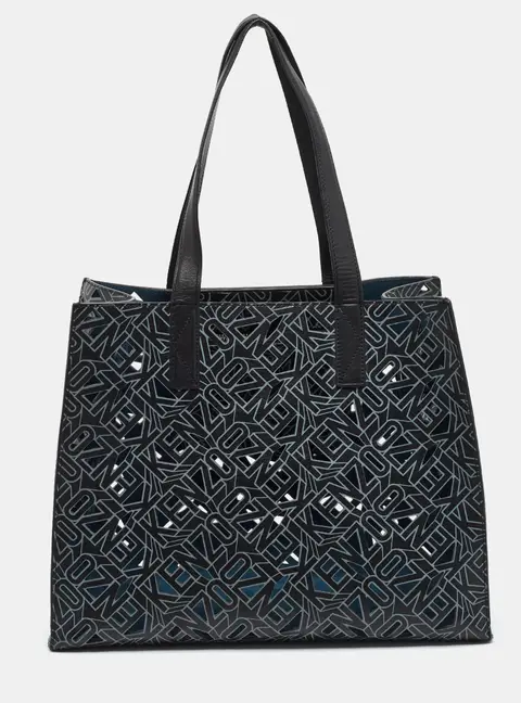 Kenzo Black Laser Cut Flying Logo Leather Shopper Tote