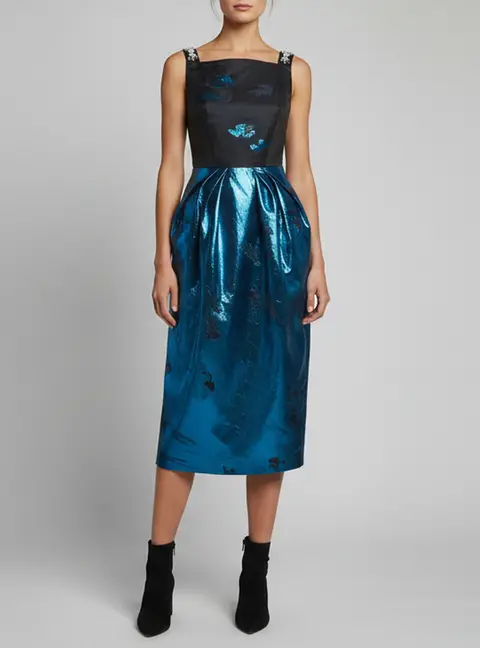 Khoon hoi Blue/Black Floral Jacquard Metallic Midi Dress S