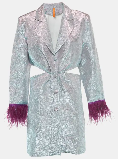 Koh Sui Metallic Lurex Button Front Feather Detail Cut-Out Mini Dress M