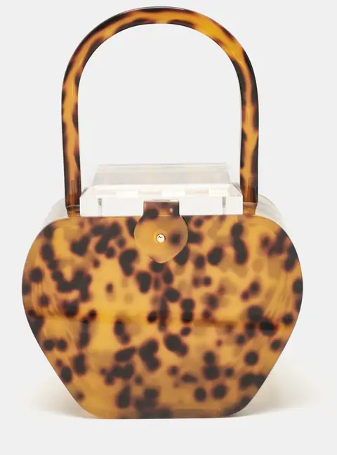 L'Afshar Brown Leopard Print Acrylic Top Handle Bag