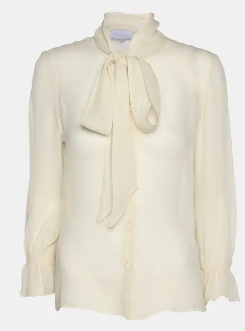 Luisa Beccaria Off White Chiffon Scarf Neck Button Front Blouse S