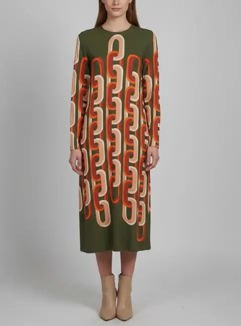 La DoubleJ Green Prometheus Placc&eacute;e Print Crepe Midi Swing Dress S