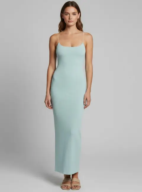 Lama Jouni Blue Rib Knit Slit Transparent Strap Maxi Dress XS