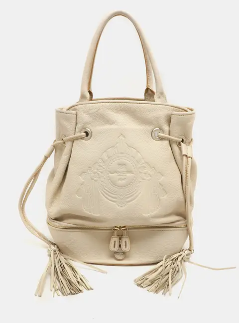 Lancel Cream Leather Drawstring Tassel Tote