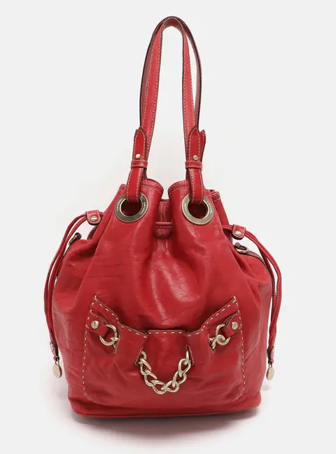 Lancel Red Leather Drawstring Hobo
