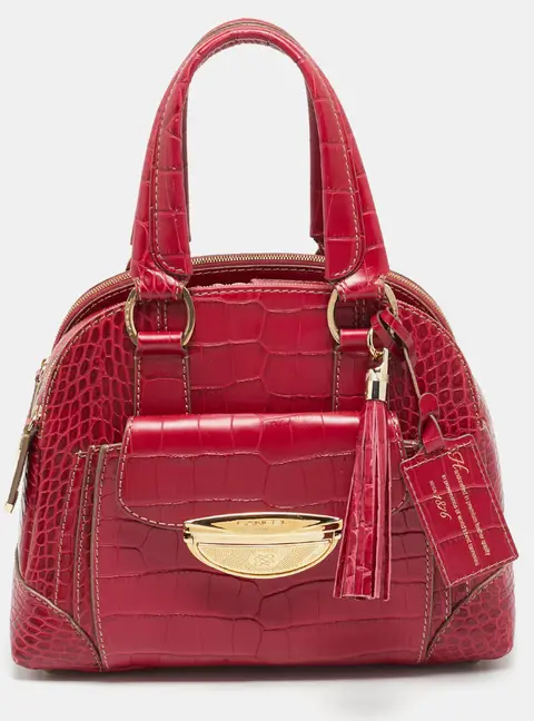 Lancel Adjani Fuchsia Croc Embossed Leather Satchel