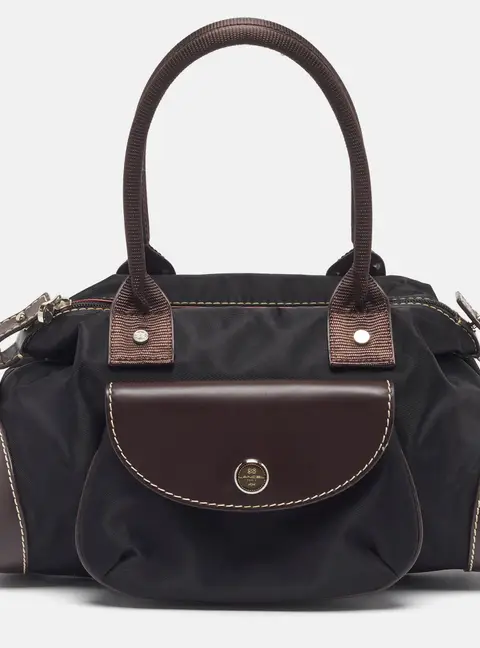 Lancel Front Pocket Black/Dark Brown Nylon and Leather Satchel