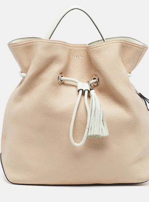 Lancel Drawstring Beige/White Leather Bucket Bag