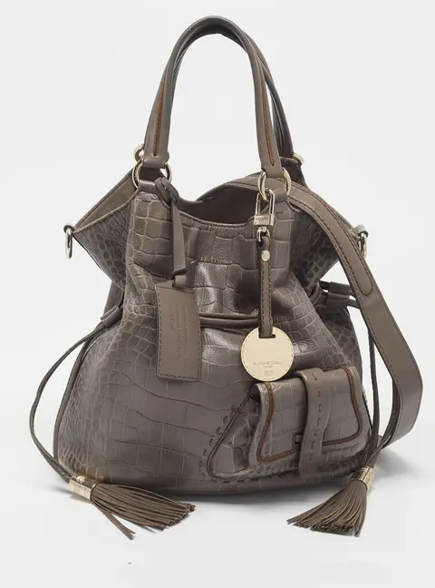Lancel Premiere Flirt Grey Croc Embossed Leather Bucket Bag