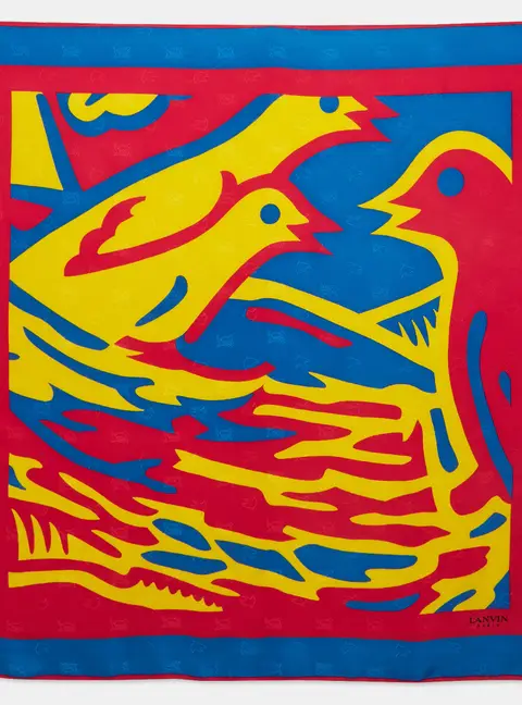 Lanvin Vintage Multicolor Abstract Bird Print Silk Satin Scarf
