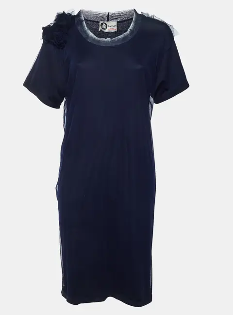 Lanvin Navy Blue Rosette Applique Tulle Overlay Shift Dress M/L