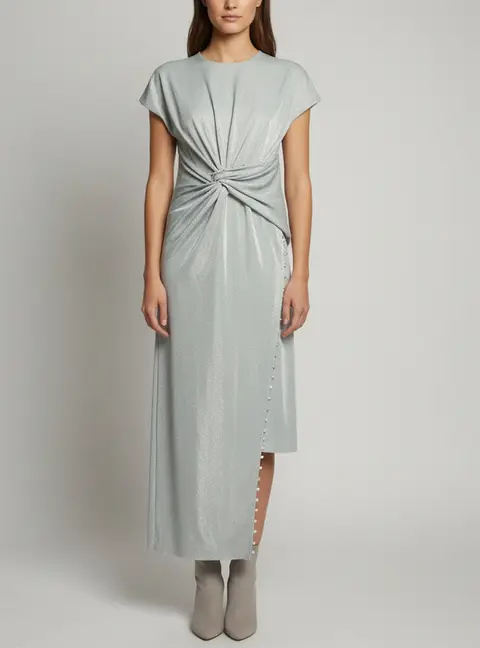 Lanvin Metallic Mint Green Jersey Asymmetric Draped Midi Dress M
