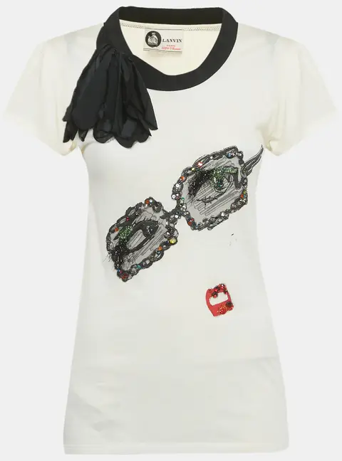 Lanvin Cream Flower Applique Embellished Cotton Blend T-shirt S