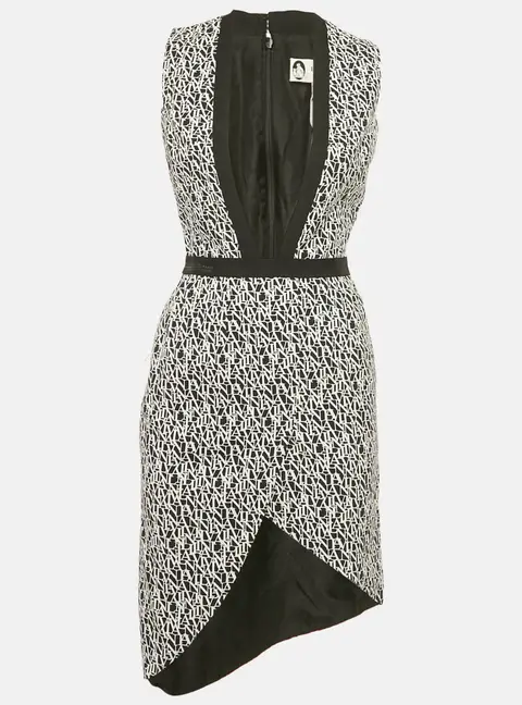 Lanvin Black/ White Logo Print Crepe Plunge Neck Dress S