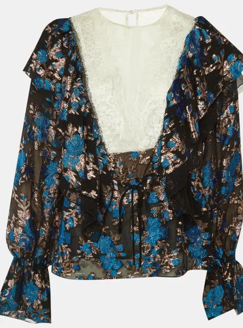 Lanvin Black Floral Brocade & Lace Ruffled Blouse M