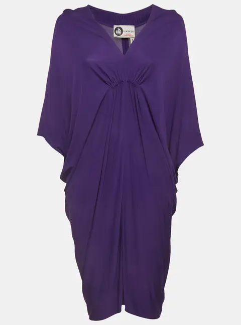 Lanvin Purple Stretch Knit Ruched V-Neck Mini Dress
