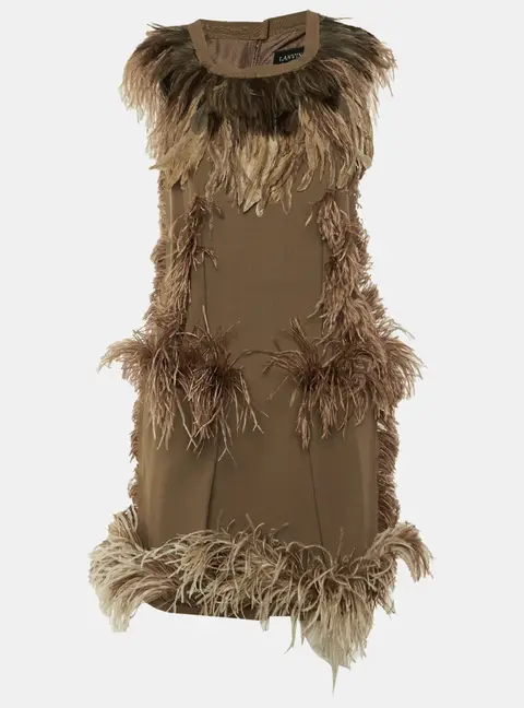Lanvin Brown Wool & Feather Trim Sleeveless Mini Dress L