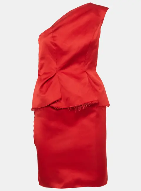 Lanvin Les 10 ans Red Satin One Shoulder Peplum Dress S