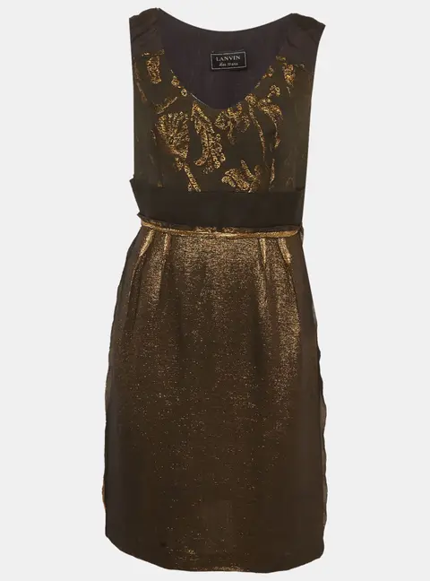 Lanvin Black/Gold Metallic and Satin Sleeveless Mini Dress M
