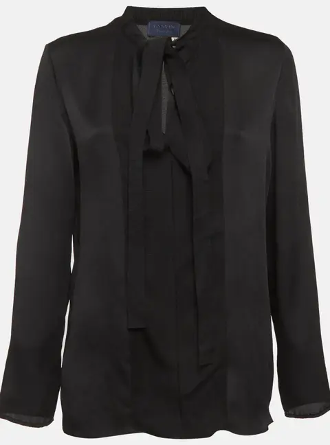 Lanvin Black Crinkle Satin Ribbon Neck Tie Up Blouse M