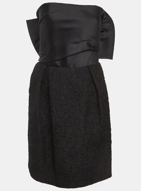 Lanvin Black Satin and Textured Jacquard Bow Detail Strapless Mini Dress M