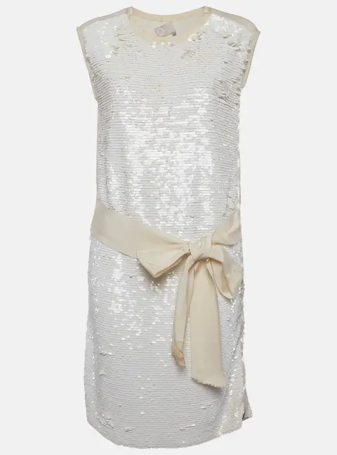 Lanvin White Crepe Sequins Crew Neck Mini Dress M