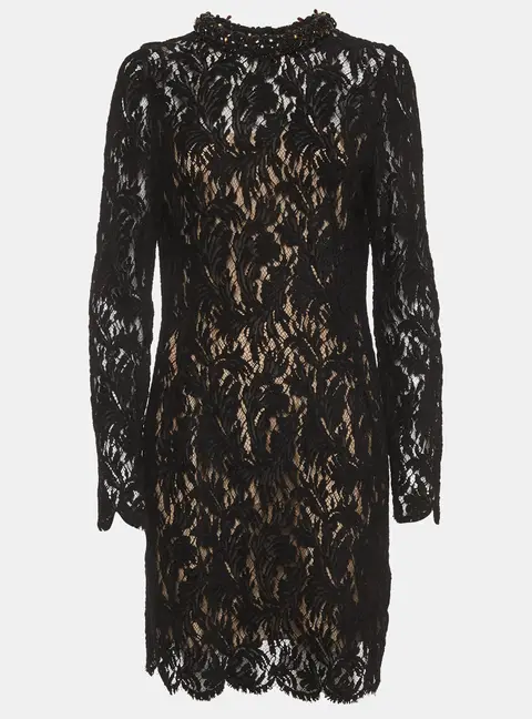 Lanvin Black Lace Bead Embellished Collar Mini Sheath Dress L
