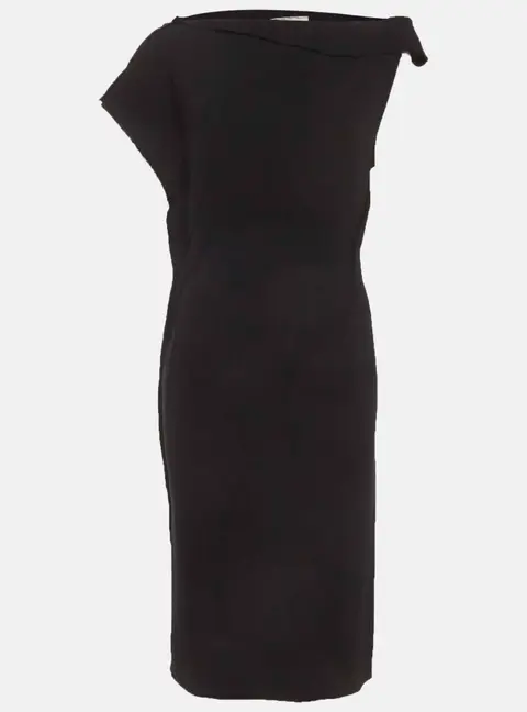 Lanvin Black Wool Blend Asymmetric Draped Midi Dress M