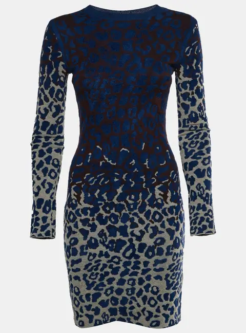 Lanvin Multicolor Leopard Wool Blend Jacquard Knit Mini Dress XS