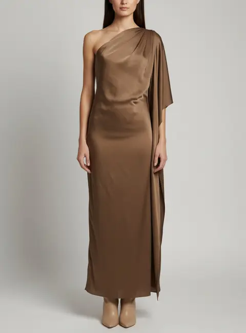 Lanvin Brown Textured Satin Off Shoulder Draped Dress S