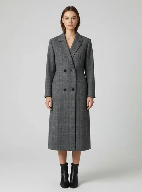 Lanvin Grey Check Pattern Wool Double Breasted Long Coat L
