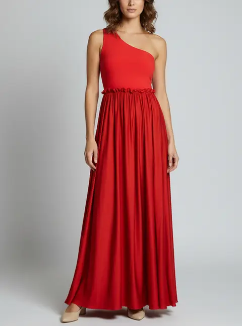 Lanvin Tribute Red Satin and Stretch Crepe One Shoulder Maxi Dress M