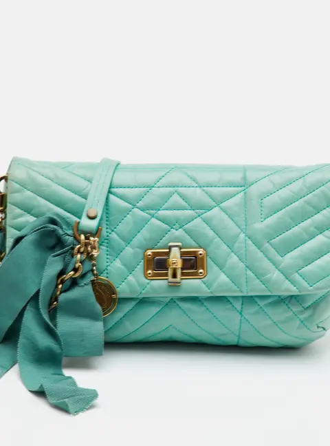 Lanvin Happy Medium Light Green Quilted Leather Flap Shoulder Bag