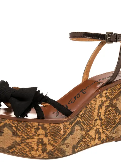Lanvin Metallic/Black Canvas and Leather Bow Python Print Platform Wedge Sandals Size 39