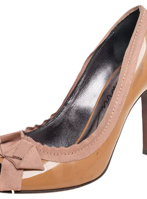 Lanvin Beige Patent Leather Bow Peep Toe Pumps Size 39