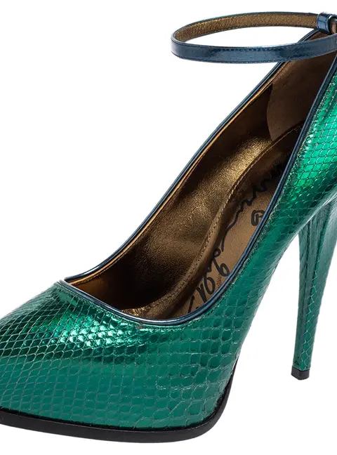 Lanvin Green/Blue Snakeskin Leather Pointed-Toe Ankle-Strap Pumps Size 38