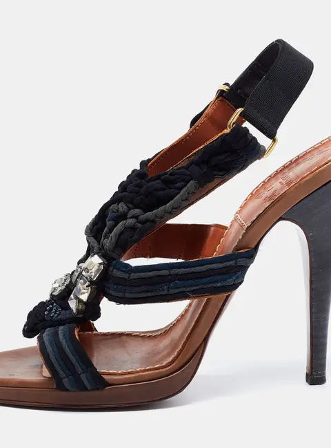 Lanvin Navy Blue Crystal Embellished Braided Fabric Slingback Sandals Size 39.5